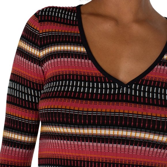 NWT Liverpool Three Fourth Sleeve V Neck Knit Top With Contrast In Multi Cr Abs - Picture 3 of 4